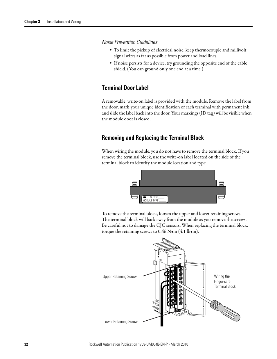 Terminal door label, Removing and replacing the terminal block | Rockwell Automation 1769-IT6 Compact I/O 1769-IT6 Thermocouple/mV Input Module User Manual | Page 32 / 168