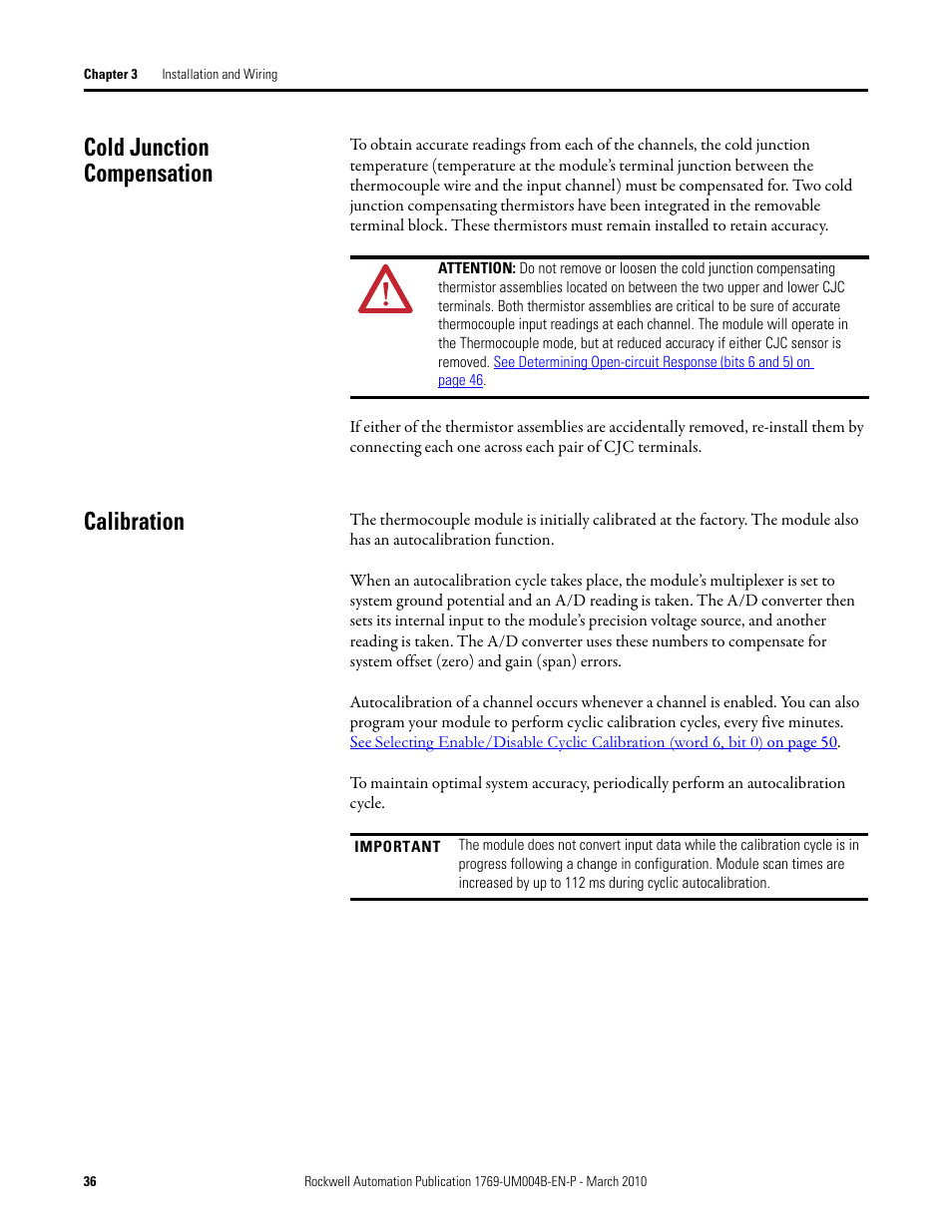 Cold junction compensation, Calibration, Cold junction compensation calibration | Rockwell Automation 1769-IT6 Compact I/O 1769-IT6 Thermocouple/mV Input Module User Manual | Page 36 / 168