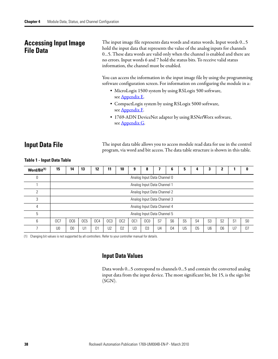 Accessing input image file data, Input data file, Input data values | Accessing input image file data input data file | Rockwell Automation 1769-IT6 Compact I/O 1769-IT6 Thermocouple/mV Input Module User Manual | Page 38 / 168