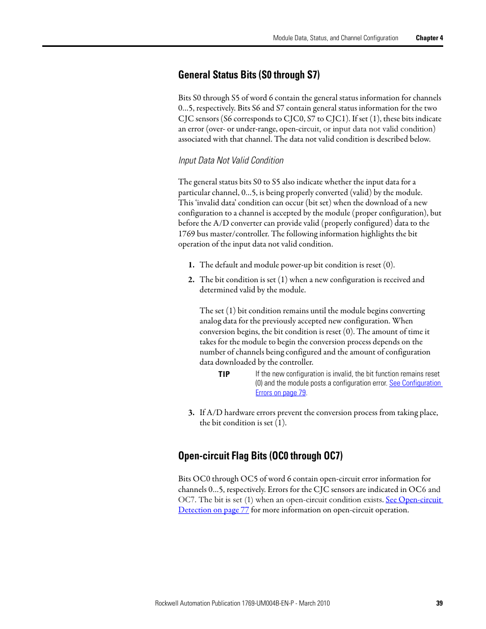 General status bits (s0 through s7), Open-circuit flag bits (oc0 through oc7) | Rockwell Automation 1769-IT6 Compact I/O 1769-IT6 Thermocouple/mV Input Module User Manual | Page 39 / 168