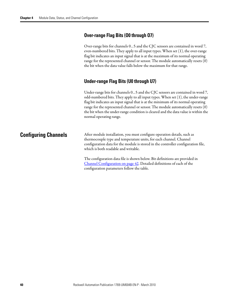 Over-range flag bits (o0 through o7), Under-range flag bits (u0 through u7), Configuring channels | Rockwell Automation 1769-IT6 Compact I/O 1769-IT6 Thermocouple/mV Input Module User Manual | Page 40 / 168