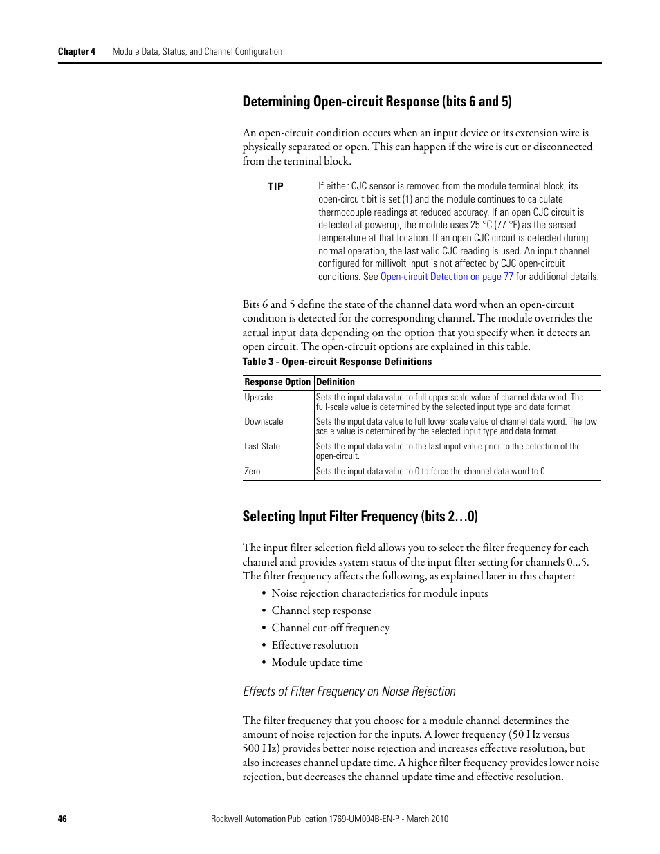 Determining open-circuit response (bits 6 and 5), Selecting input filter frequency (bits 2…0) | Rockwell Automation 1769-IT6 Compact I/O 1769-IT6 Thermocouple/mV Input Module User Manual | Page 46 / 168