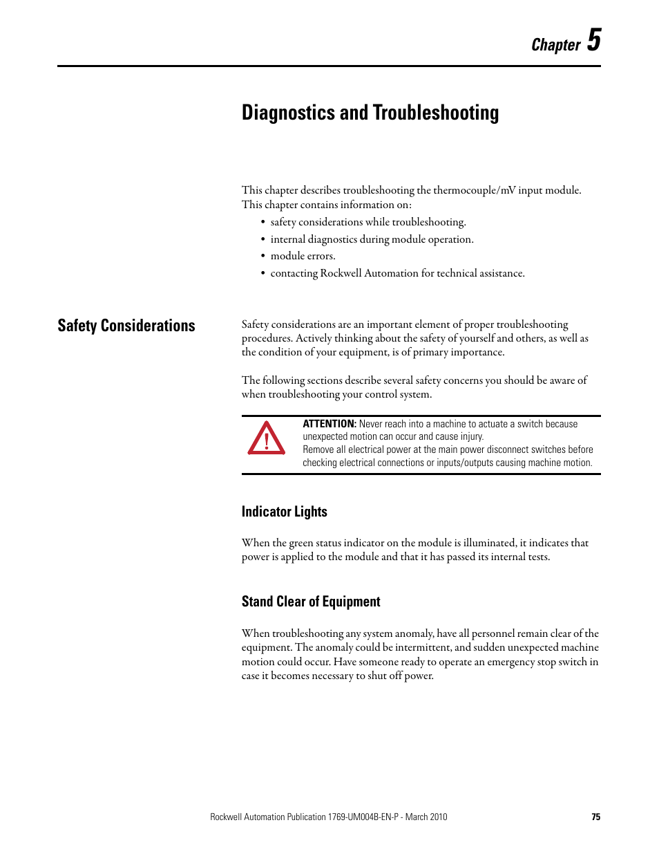 Diagnostics and troubleshooting, Safety considerations, Indicator lights | Stand clear of equipment, Chapter 5, Indicator lights stand clear of equipment | Rockwell Automation 1769-IT6 Compact I/O 1769-IT6 Thermocouple/mV Input Module User Manual | Page 75 / 168