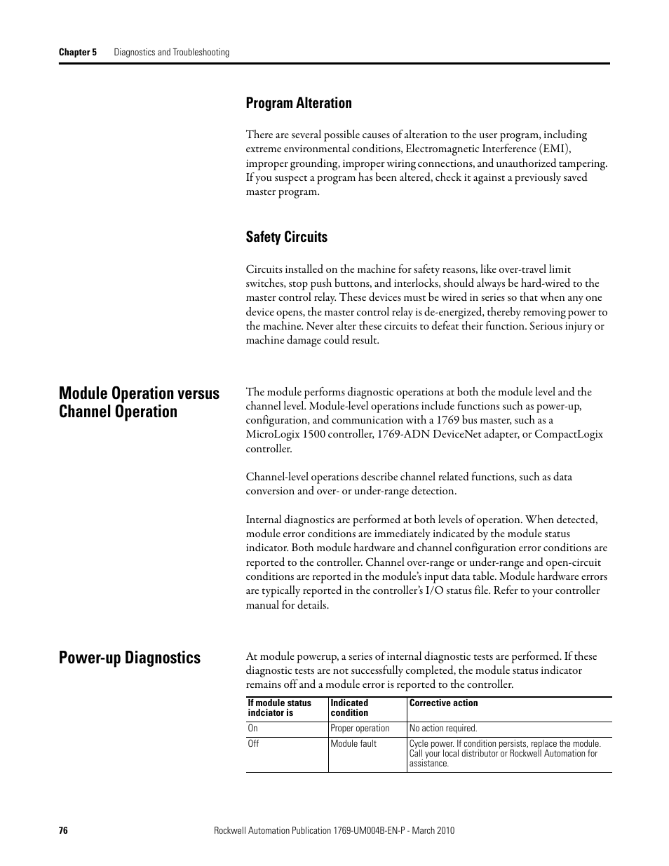 Program alteration, Safety circuits, Module operation versus channel operation | Power-up diagnostics, Program alteration safety circuits | Rockwell Automation 1769-IT6 Compact I/O 1769-IT6 Thermocouple/mV Input Module User Manual | Page 76 / 168
