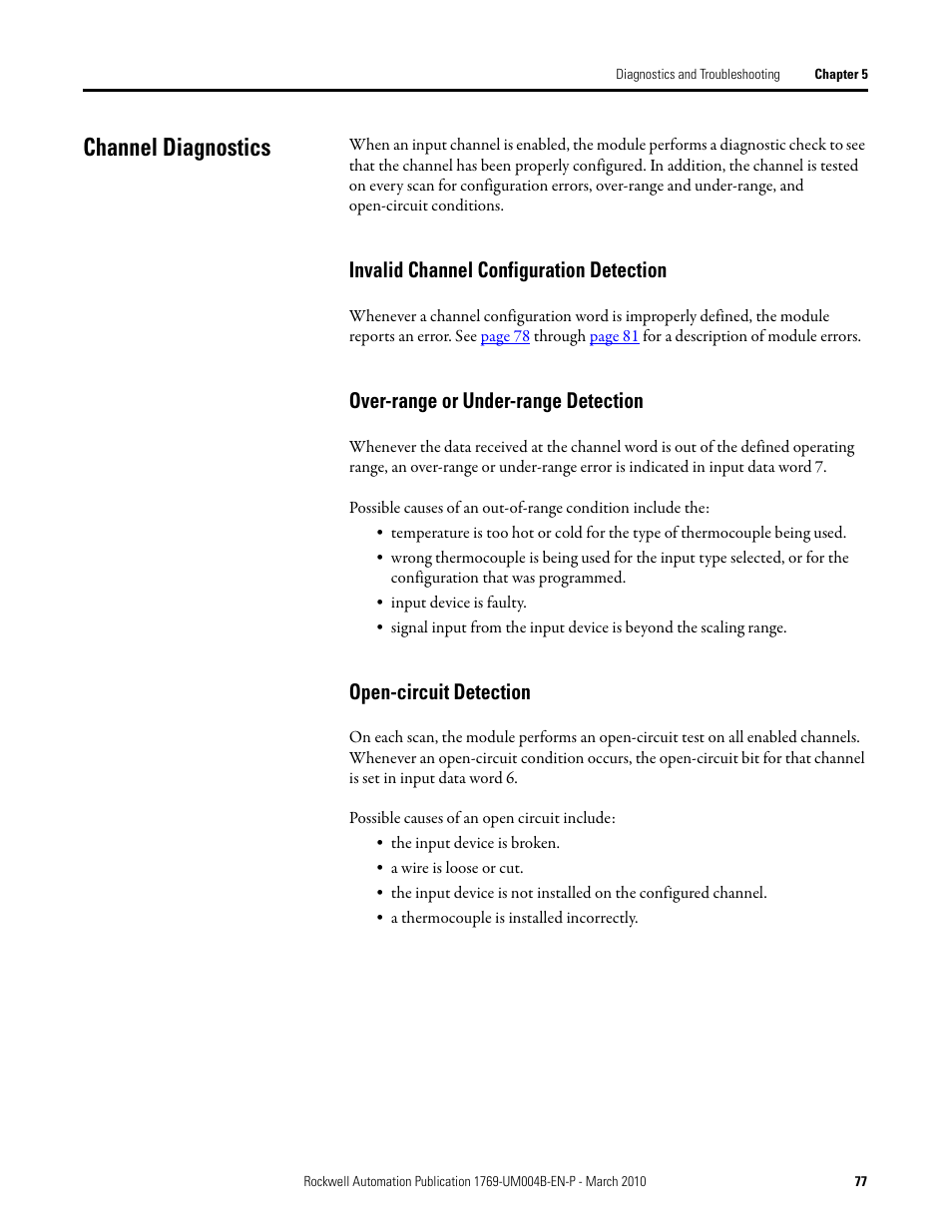 Channel diagnostics, Invalid channel configuration detection, Over-range or under-range detection | Open-circuit detection, See open-circuit | Rockwell Automation 1769-IT6 Compact I/O 1769-IT6 Thermocouple/mV Input Module User Manual | Page 77 / 168