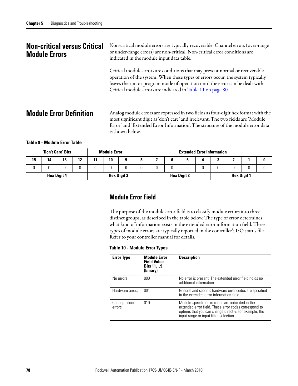 Non-critical versus critical module errors, Module error definition, Module error field | Rockwell Automation 1769-IT6 Compact I/O 1769-IT6 Thermocouple/mV Input Module User Manual | Page 78 / 168