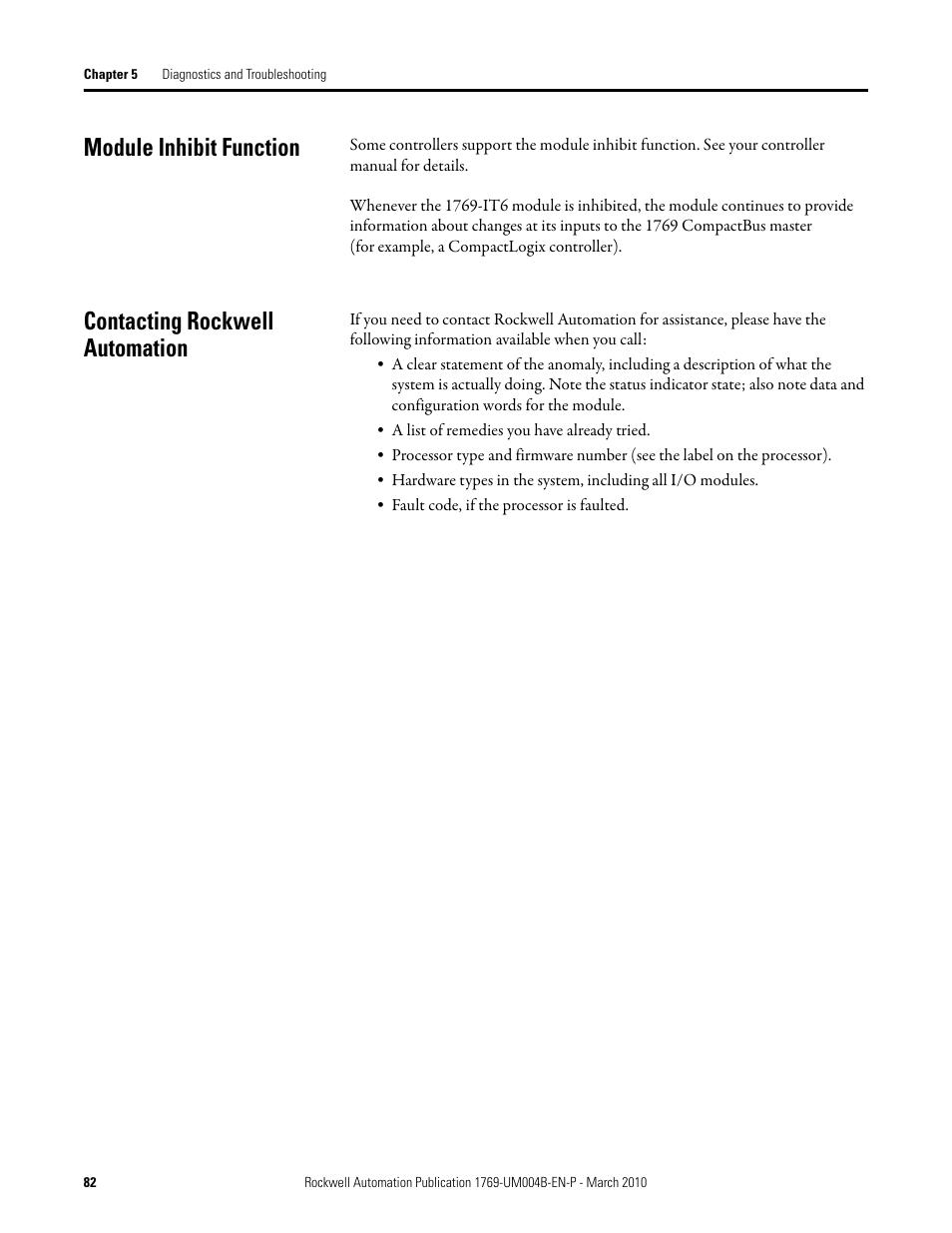 Module inhibit function, Contacting rockwell automation | Rockwell Automation 1769-IT6 Compact I/O 1769-IT6 Thermocouple/mV Input Module User Manual | Page 82 / 168