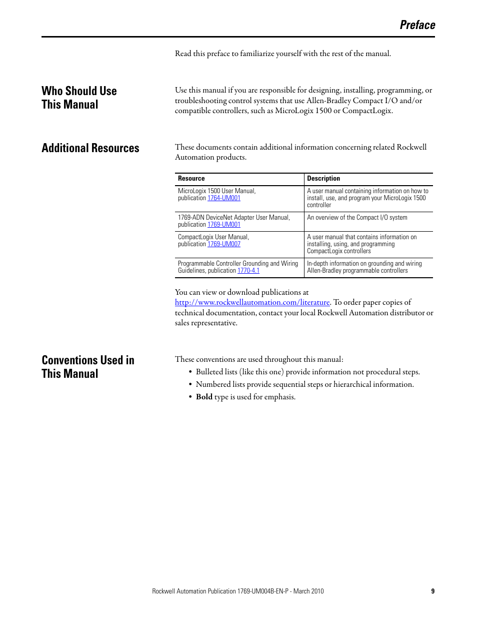 Who should use this manual, Additional resources, Conventions used in this manual | Preface | Rockwell Automation 1769-IT6 Compact I/O 1769-IT6 Thermocouple/mV Input Module User Manual | Page 9 / 168