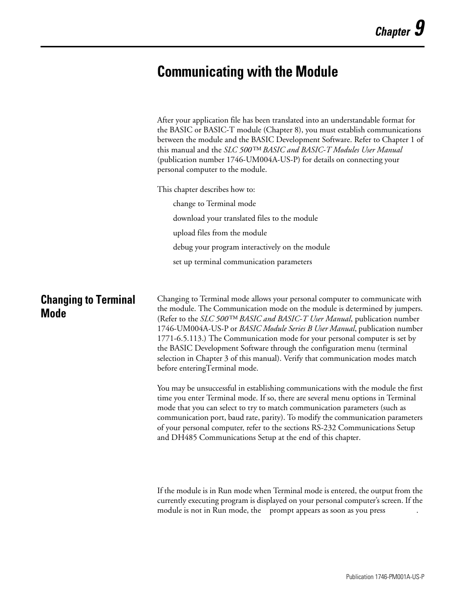 Communicating with the module, Changing to terminal mode, Chapter 9 | Changing to terminal mode -1, Chapter | Rockwell Automation 1747-PBASE BASIC Development Software Programming Manual User Manual | Page 101 / 144