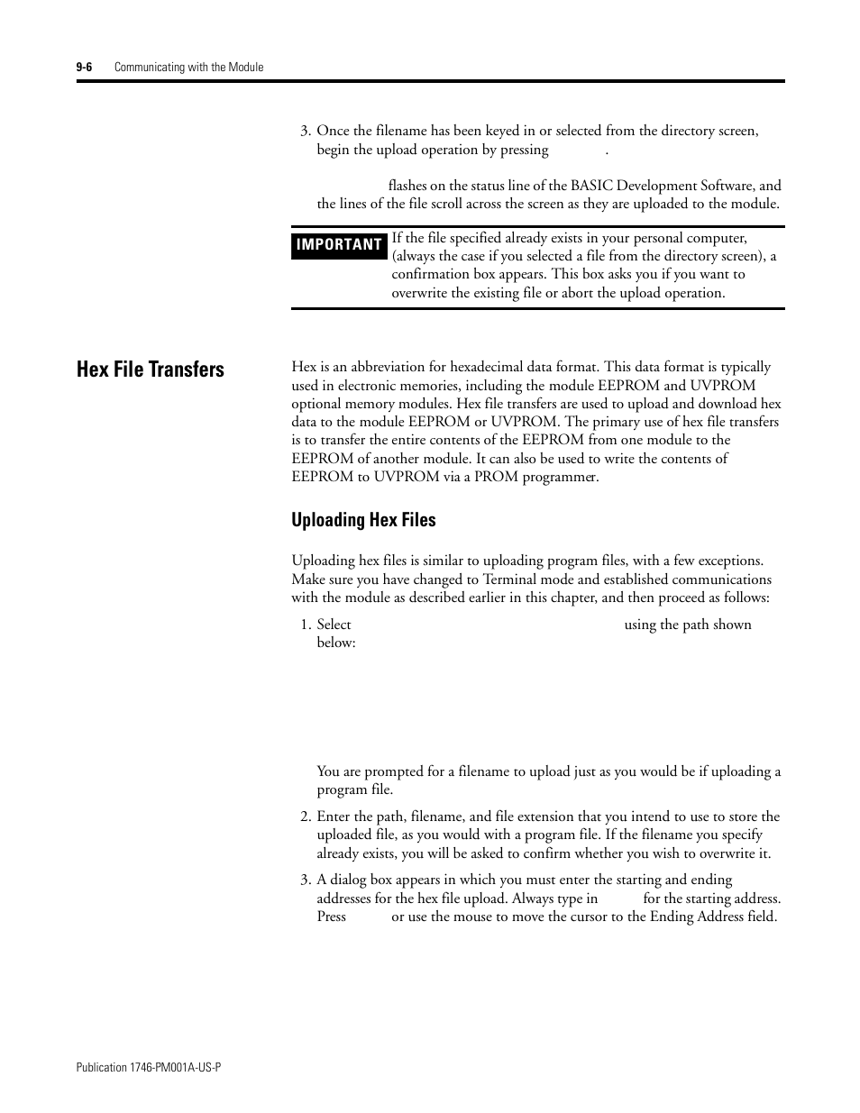 Hex file transfers, Hex file transfers -6, Uploading hex files -6 | Uploading hex files | Rockwell Automation 1747-PBASE BASIC Development Software Programming Manual User Manual | Page 106 / 144