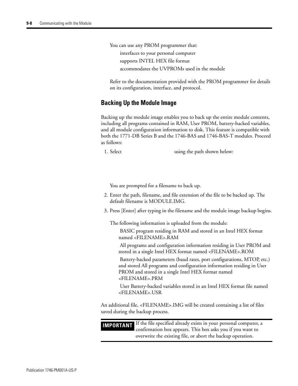 Backing up the module image -8, Backing up the module image | Rockwell Automation 1747-PBASE BASIC Development Software Programming Manual User Manual | Page 108 / 144