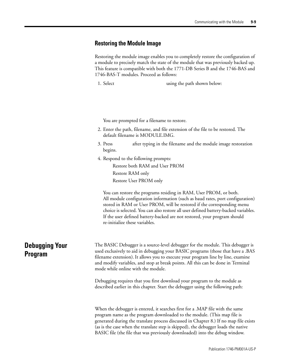 Debugging your program, Restoring the module image -9, Debugging your program -9 | Restoring the module image | Rockwell Automation 1747-PBASE BASIC Development Software Programming Manual User Manual | Page 109 / 144