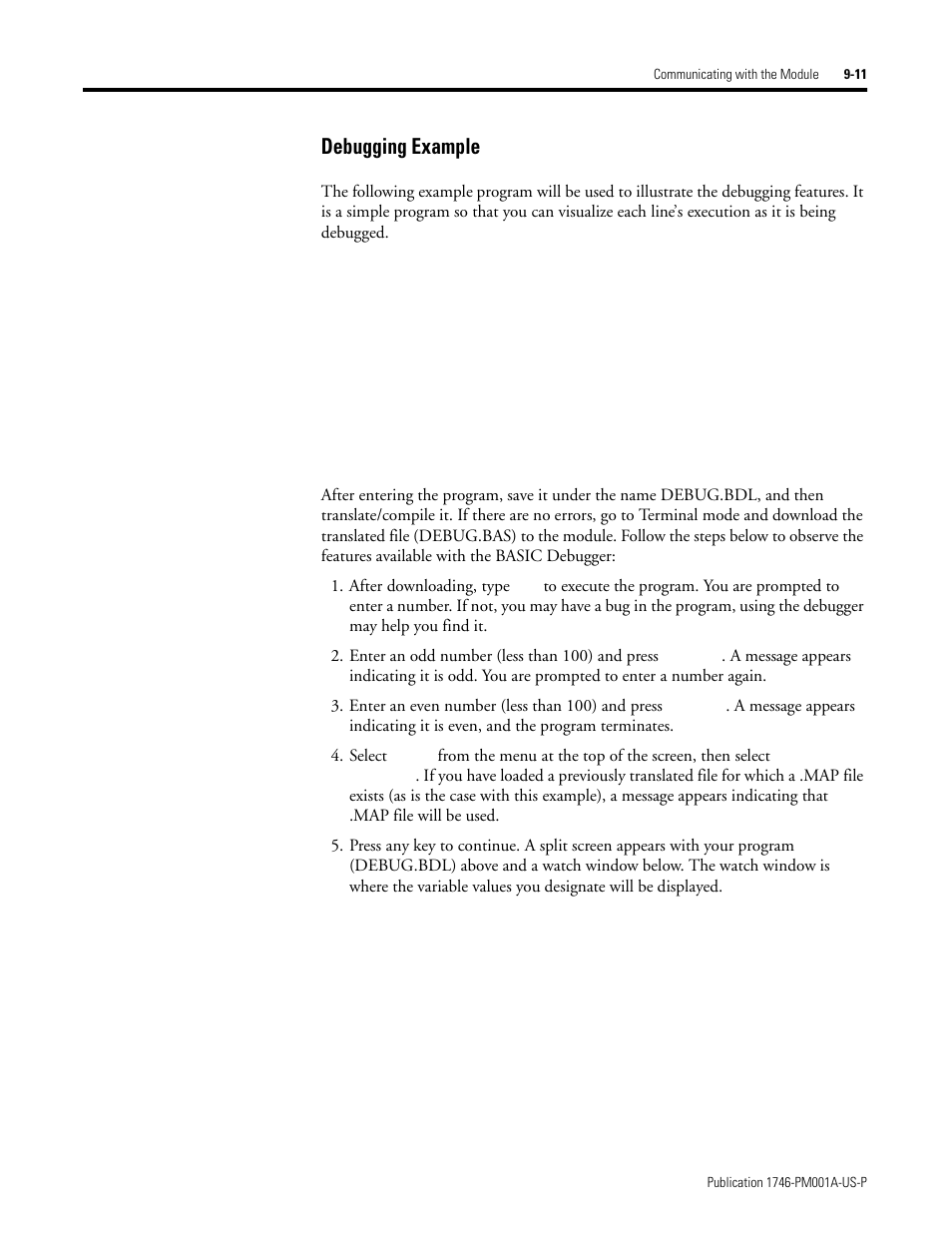 Debugging example -11, Debugging example | Rockwell Automation 1747-PBASE BASIC Development Software Programming Manual User Manual | Page 111 / 144