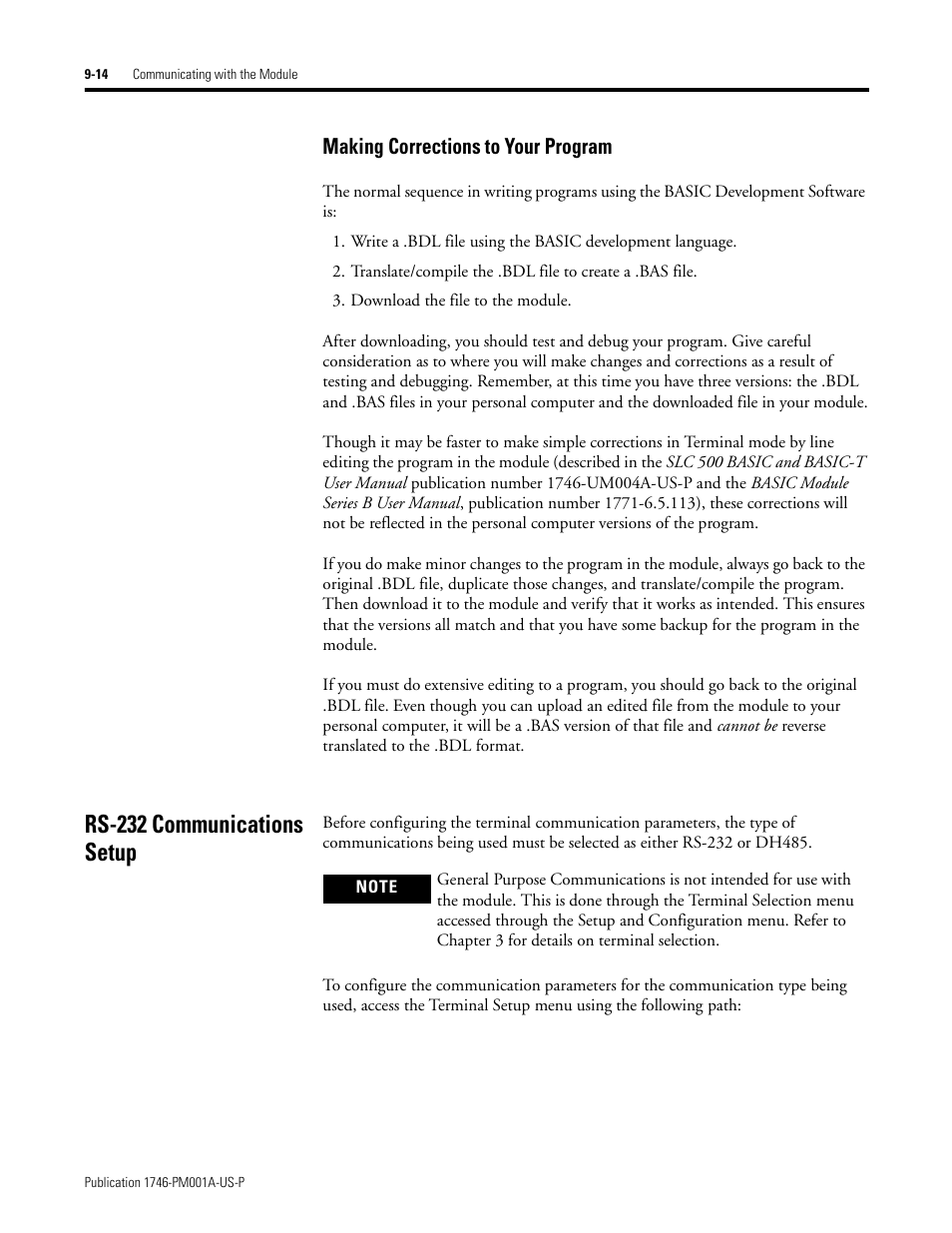 Rs-232 communications setup, Making corrections to your program -14, Rs-232 communications setup -14 | Making corrections to your program | Rockwell Automation 1747-PBASE BASIC Development Software Programming Manual User Manual | Page 114 / 144