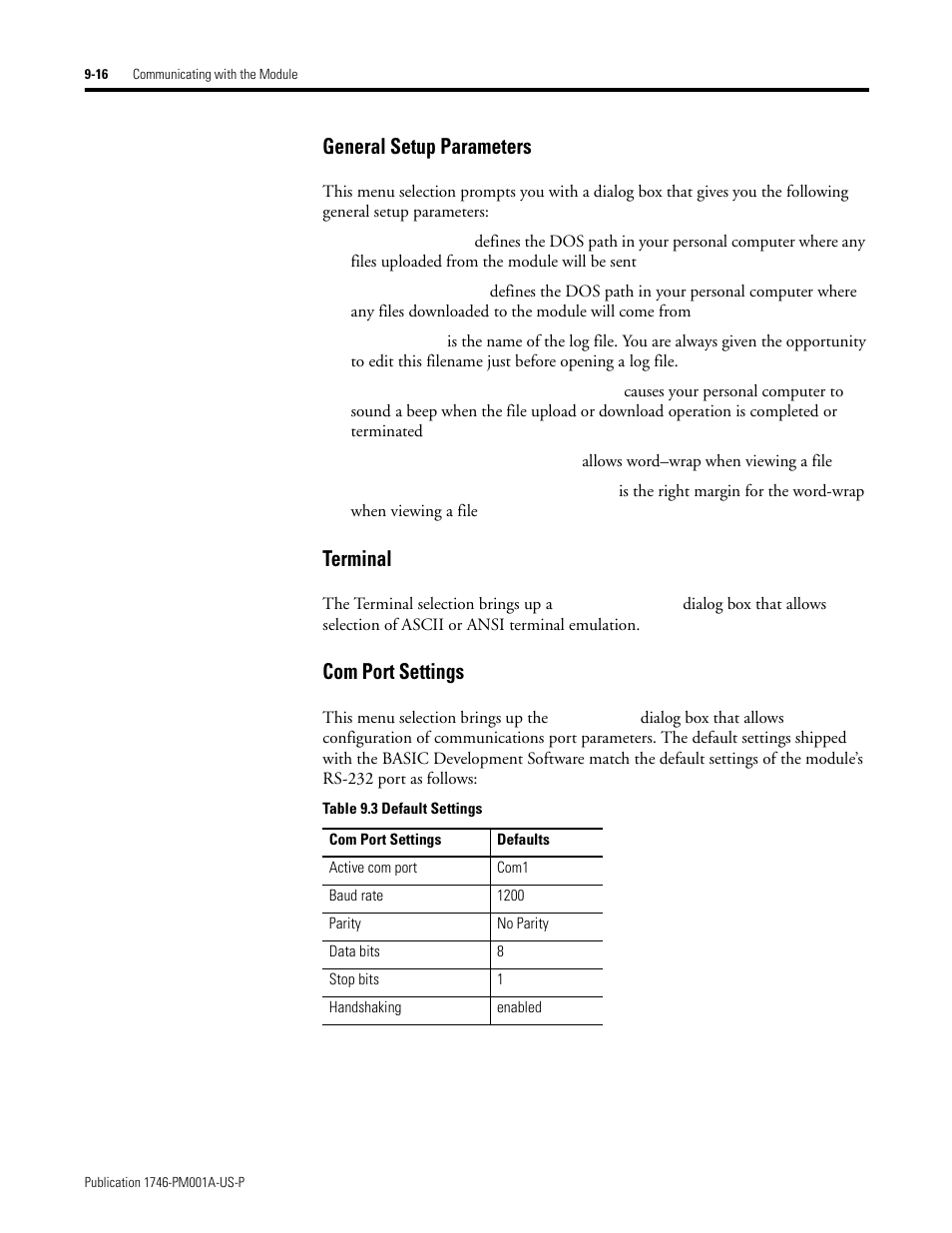 General setup parameters, Terminal, Com port settings | Rockwell Automation 1747-PBASE BASIC Development Software Programming Manual User Manual | Page 116 / 144