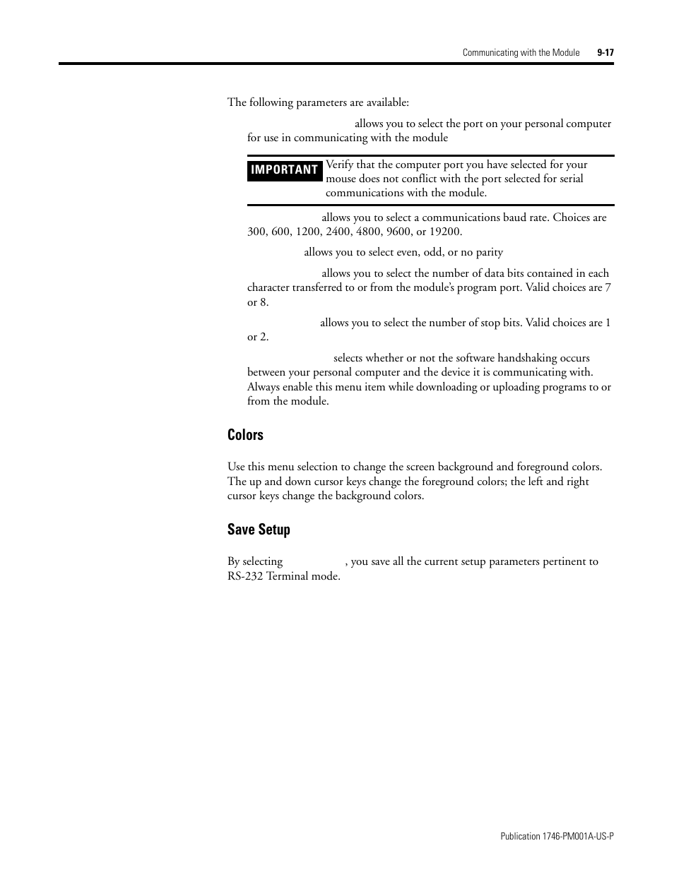 Colors -17 save setup -17, Colors, Save setup | Rockwell Automation 1747-PBASE BASIC Development Software Programming Manual User Manual | Page 117 / 144