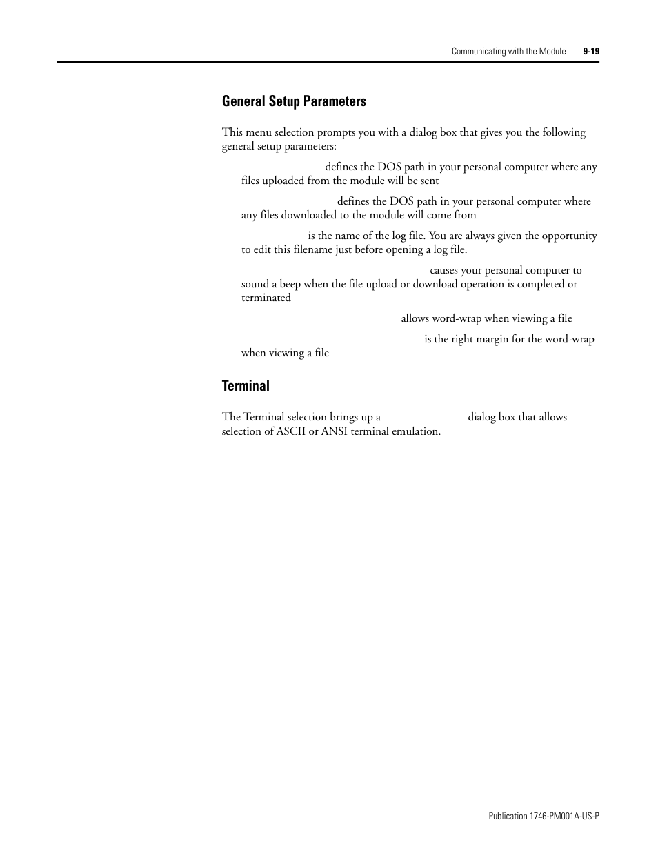 General setup parameters -19 terminal -19, General setup parameters, Terminal | Rockwell Automation 1747-PBASE BASIC Development Software Programming Manual User Manual | Page 119 / 144