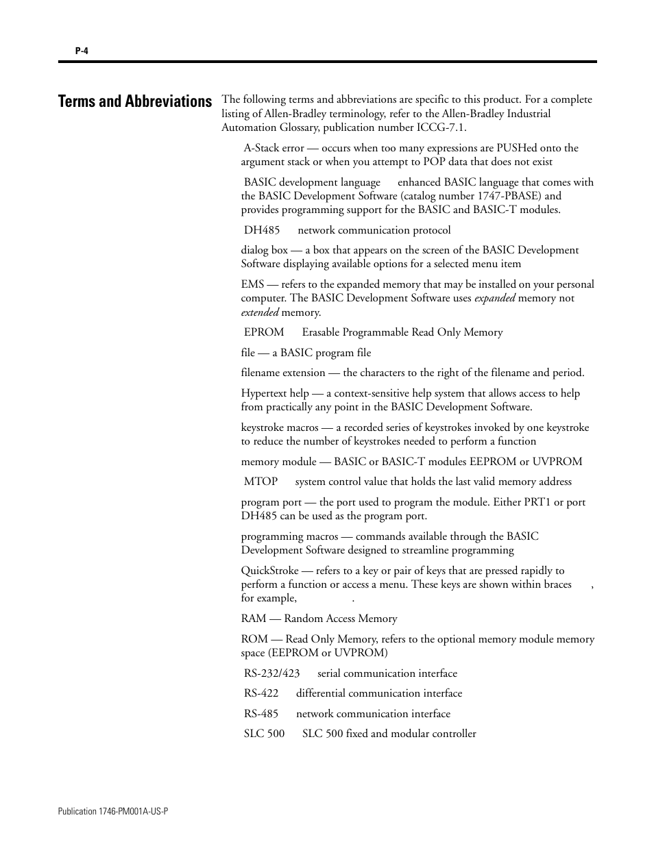 Terms and abbreviations | Rockwell Automation 1747-PBASE BASIC Development Software Programming Manual User Manual | Page 12 / 144