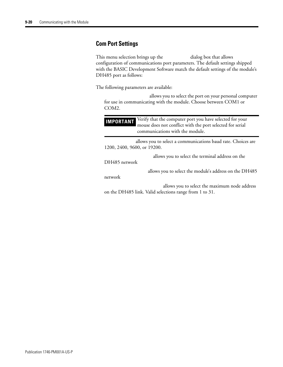 Com port settings -20, Com port settings | Rockwell Automation 1747-PBASE BASIC Development Software Programming Manual User Manual | Page 120 / 144