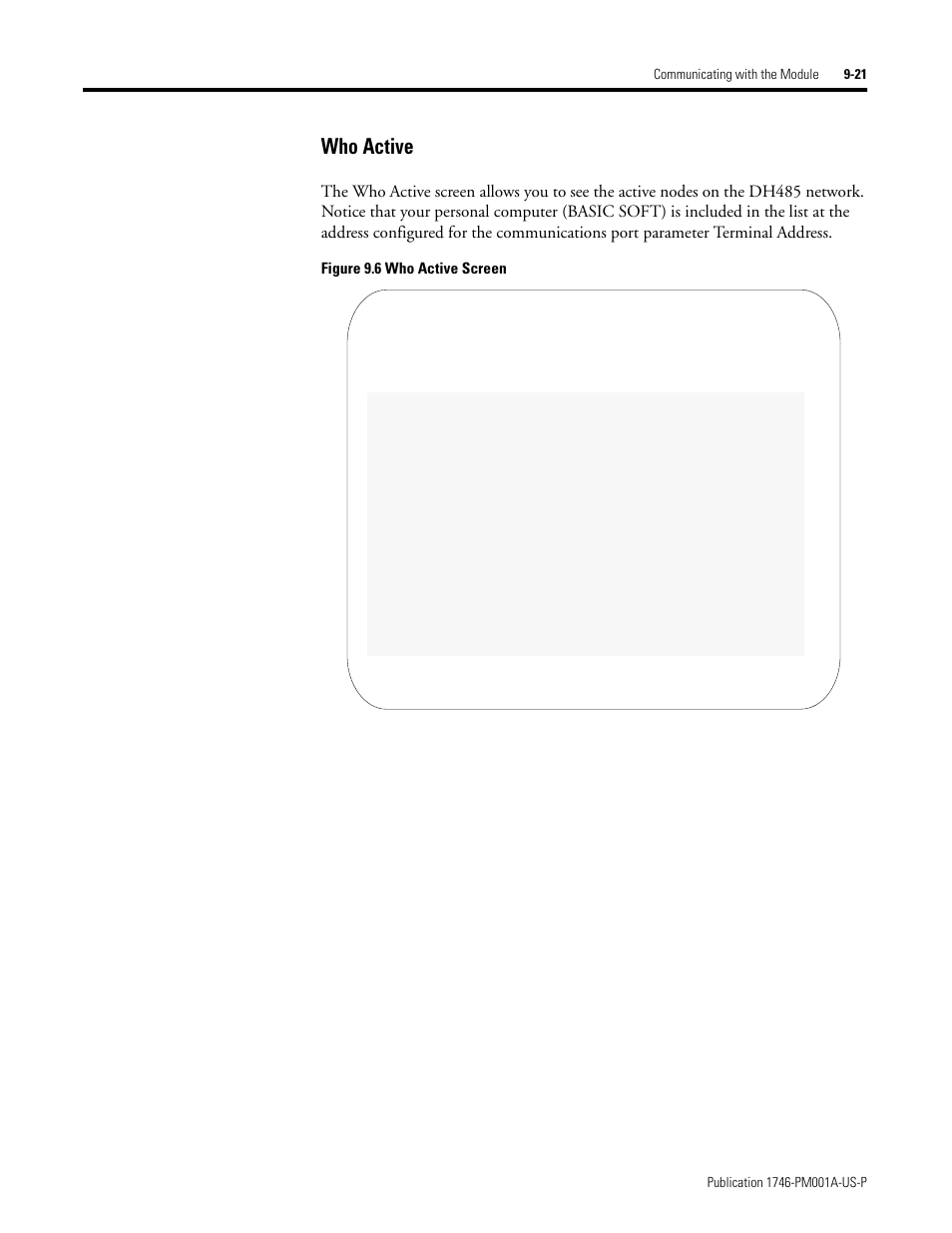 Who active -21, Who active, Figure 9.6 who active screen | Rockwell Automation 1747-PBASE BASIC Development Software Programming Manual User Manual | Page 121 / 144