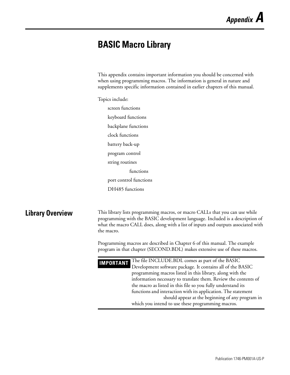 Basic macro library, Library overview, Appendix a | Appendix | Rockwell Automation 1747-PBASE BASIC Development Software Programming Manual User Manual | Page 123 / 144