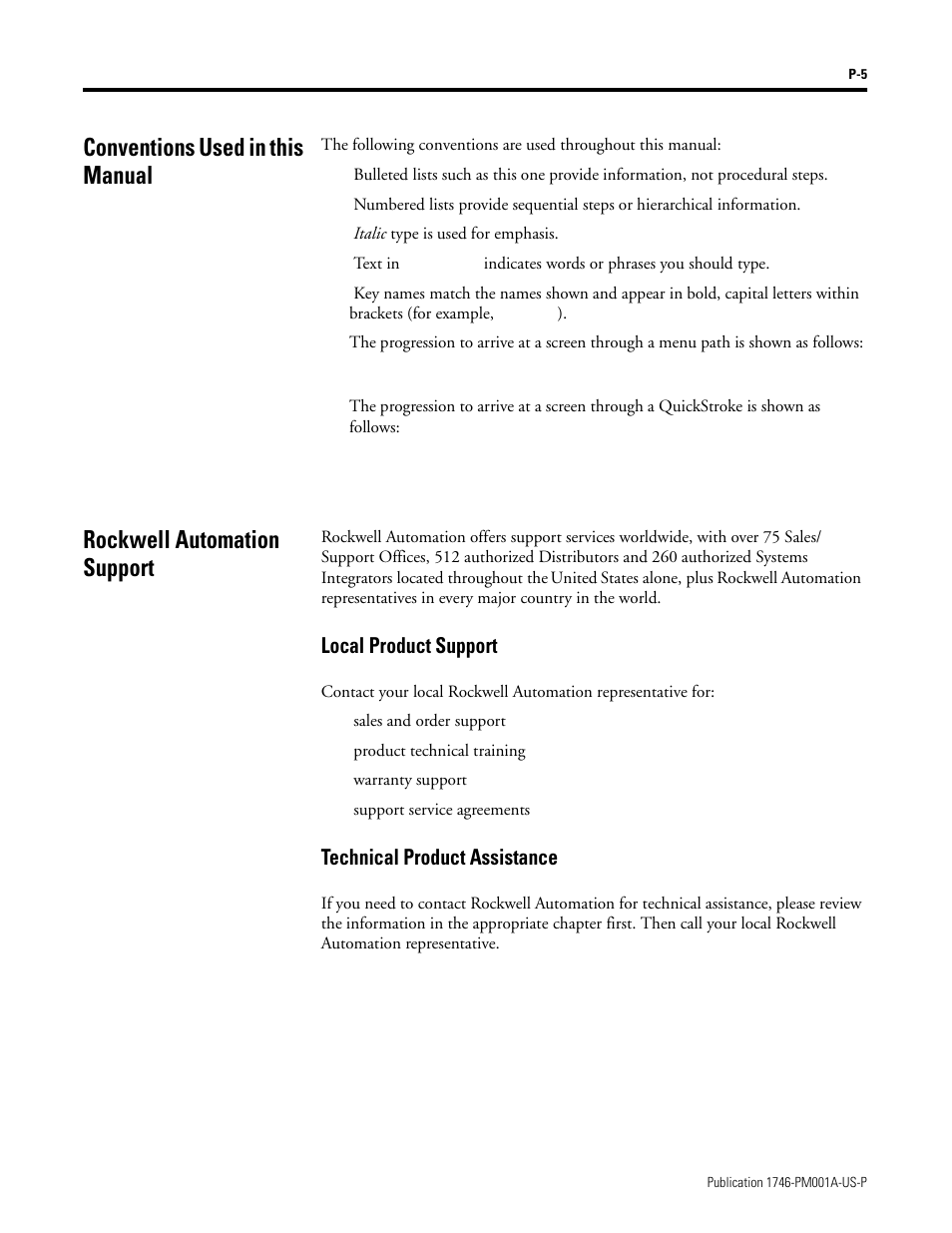 Conventions used in this manual, Rockwell automation support, Local product support | Technical product assistance | Rockwell Automation 1747-PBASE BASIC Development Software Programming Manual User Manual | Page 13 / 144