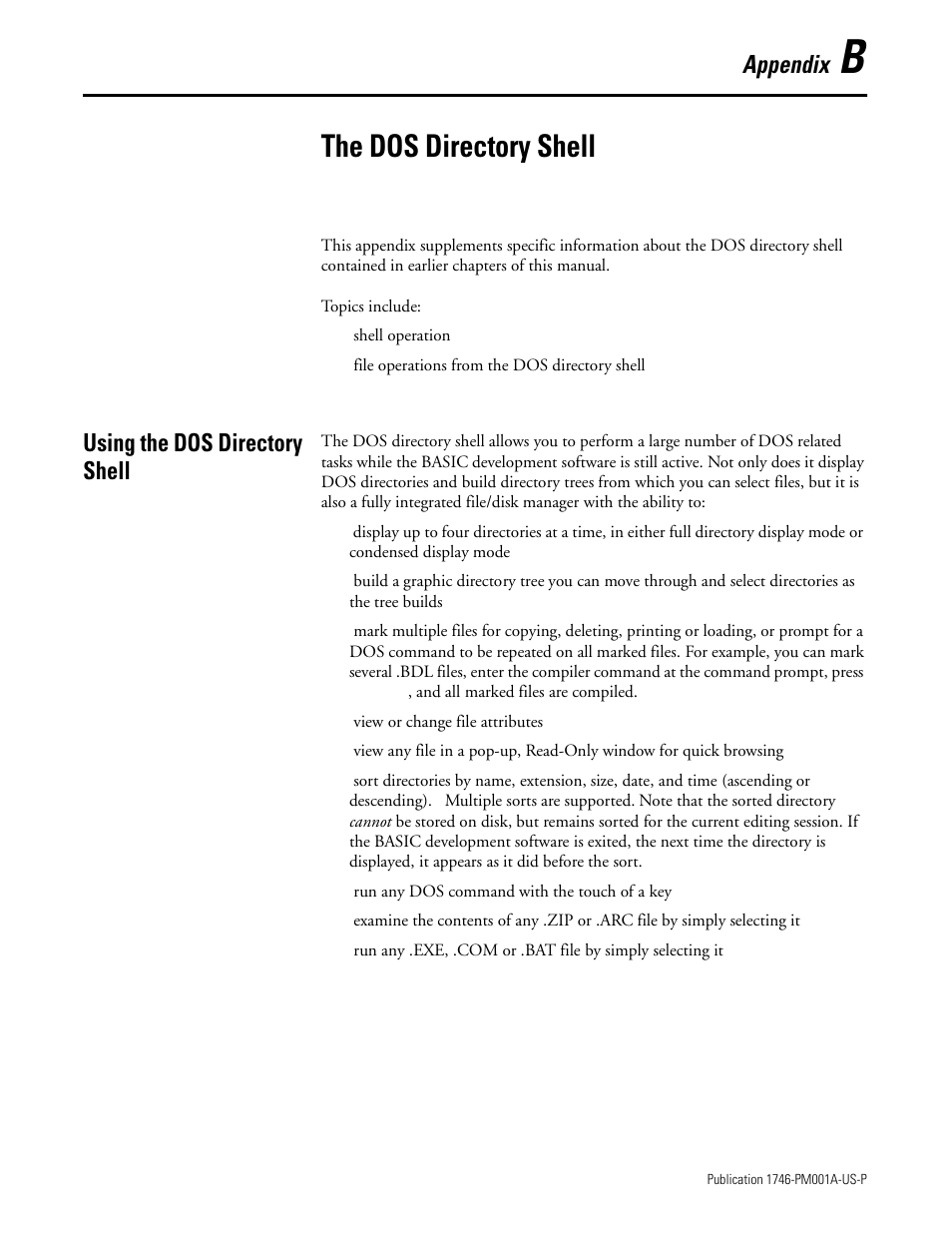 The dos directory shell, Using the dos directory shell, Appendix b | Appendix | Rockwell Automation 1747-PBASE BASIC Development Software Programming Manual User Manual | Page 133 / 144