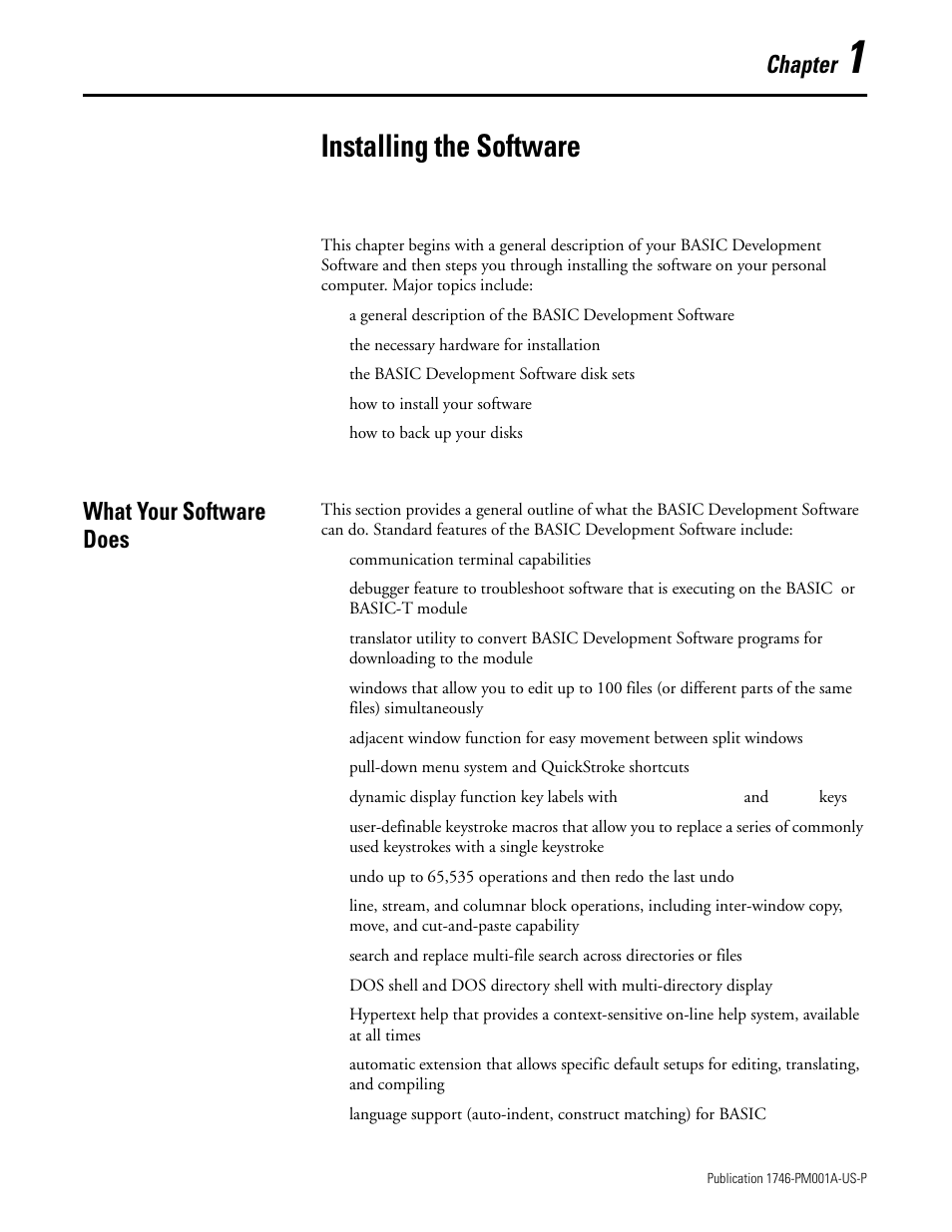 Installing the software, What your software does, Chapter 1 | What your software does -1, Chapter | Rockwell Automation 1747-PBASE BASIC Development Software Programming Manual User Manual | Page 15 / 144