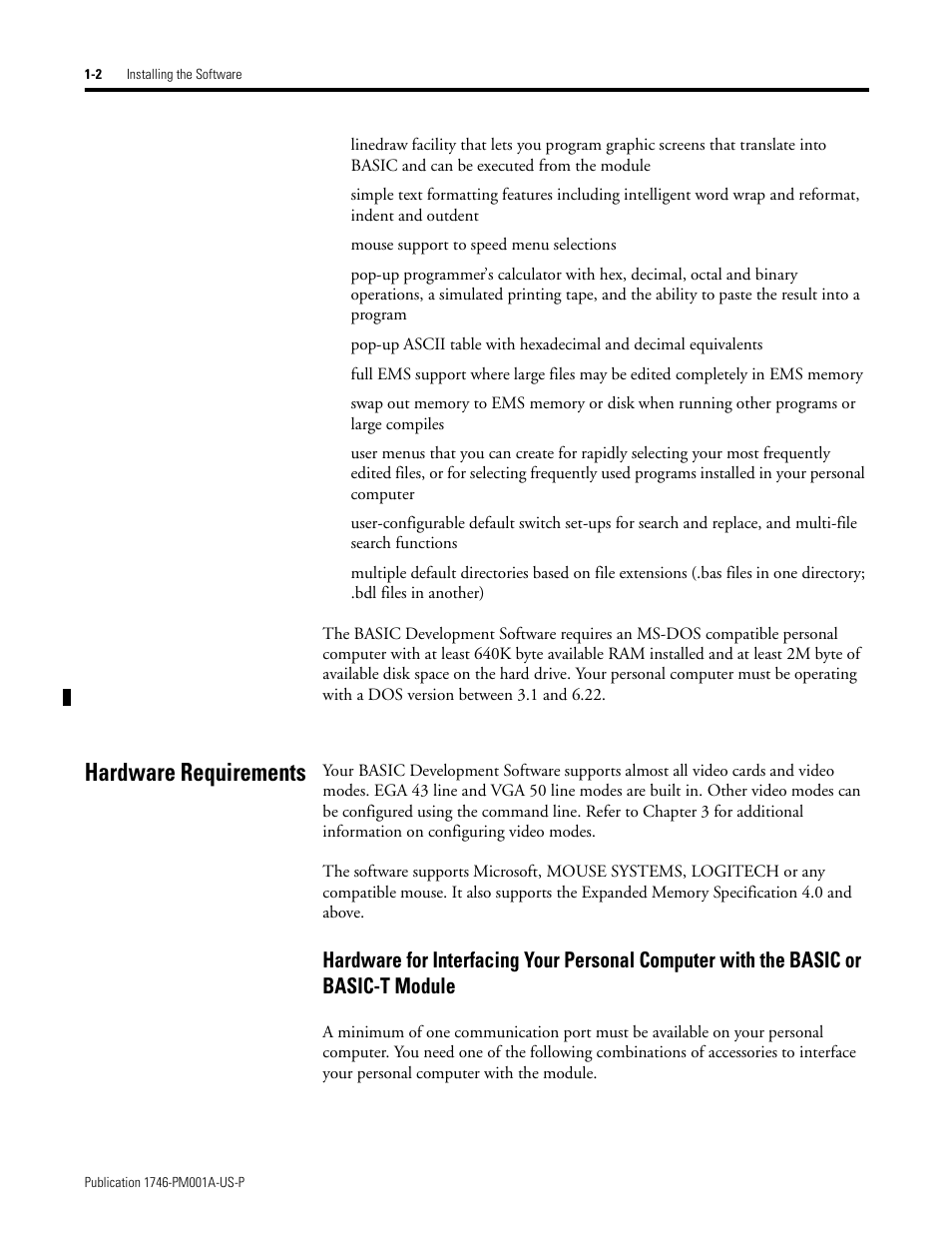 Hardware requirements, Hardware requirements -2 | Rockwell Automation 1747-PBASE BASIC Development Software Programming Manual User Manual | Page 16 / 144