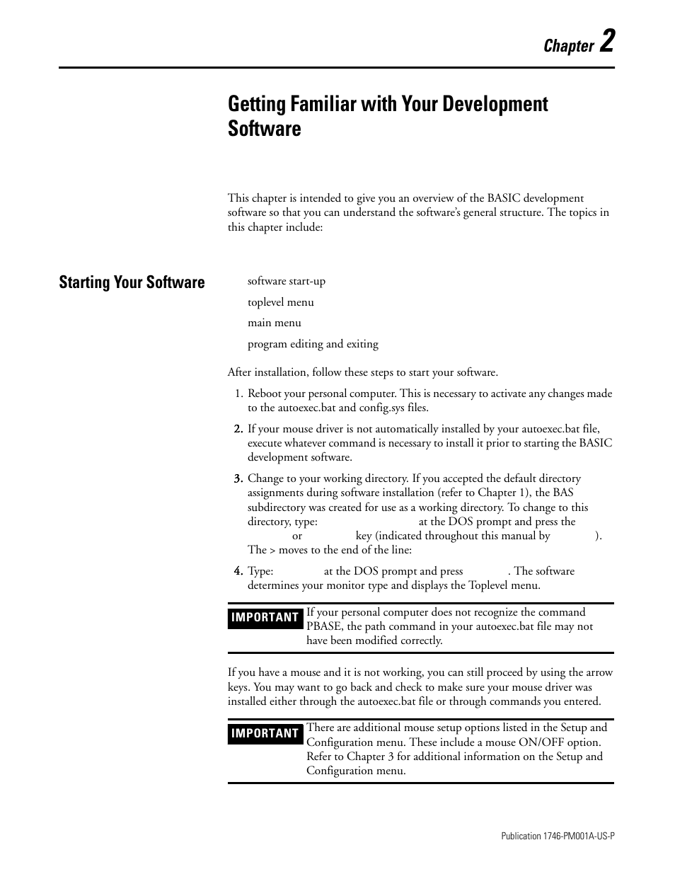 Getting familiar with your development software, Starting your software, Chapter 2 | Starting your software -1, Chapter | Rockwell Automation 1747-PBASE BASIC Development Software Programming Manual User Manual | Page 21 / 144