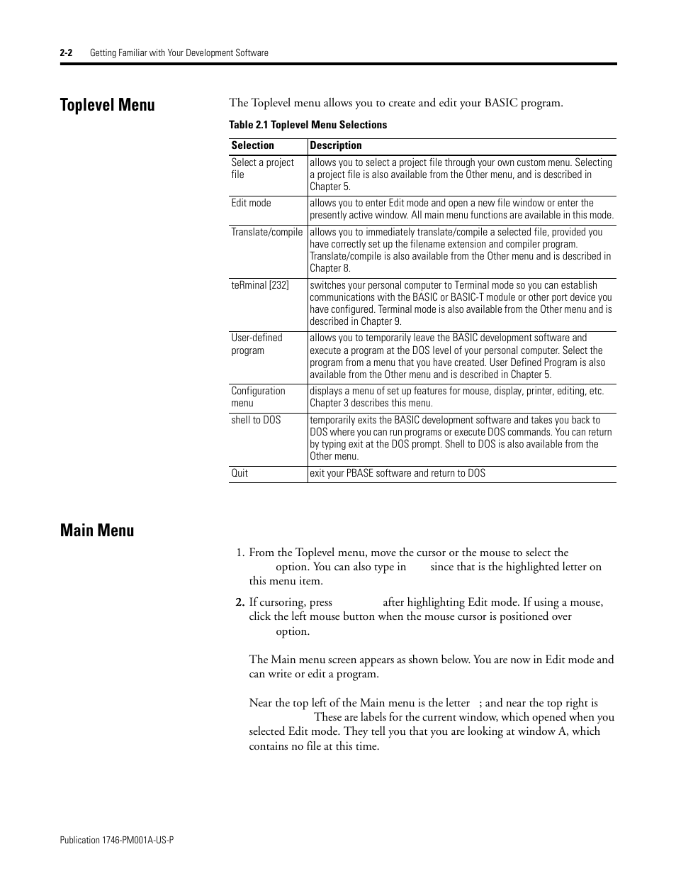 Toplevel menu, Main menu, Toplevel menu -2 main menu -2 | Rockwell Automation 1747-PBASE BASIC Development Software Programming Manual User Manual | Page 22 / 144