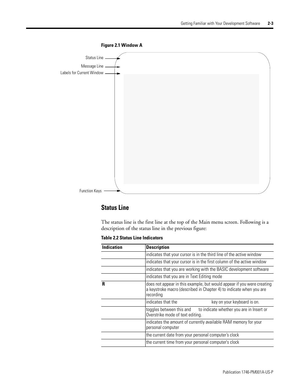 Status line -3, Status line | Rockwell Automation 1747-PBASE BASIC Development Software Programming Manual User Manual | Page 23 / 144