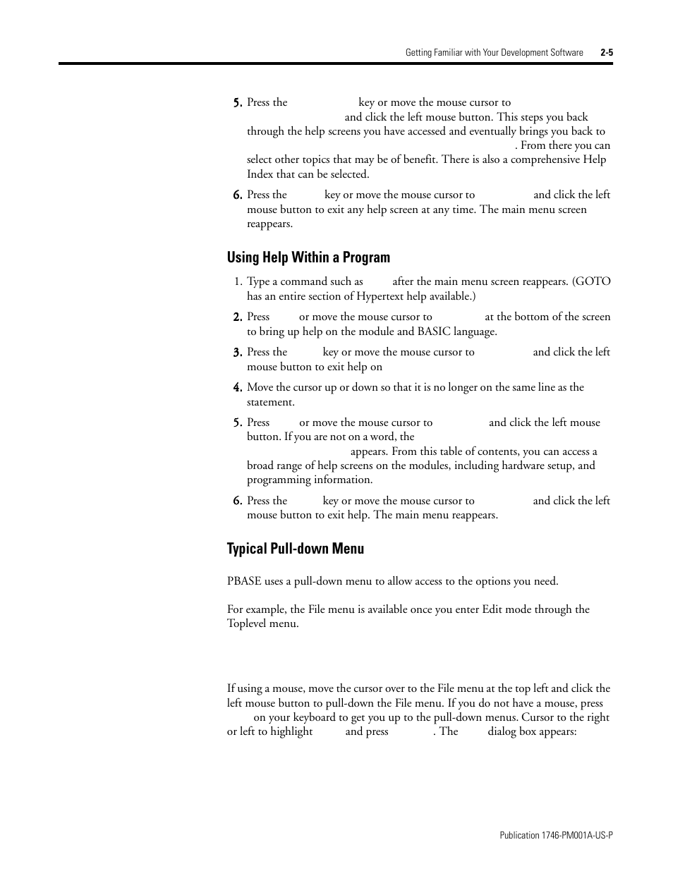 Using help within a program, Typical pull-down menu | Rockwell Automation 1747-PBASE BASIC Development Software Programming Manual User Manual | Page 25 / 144