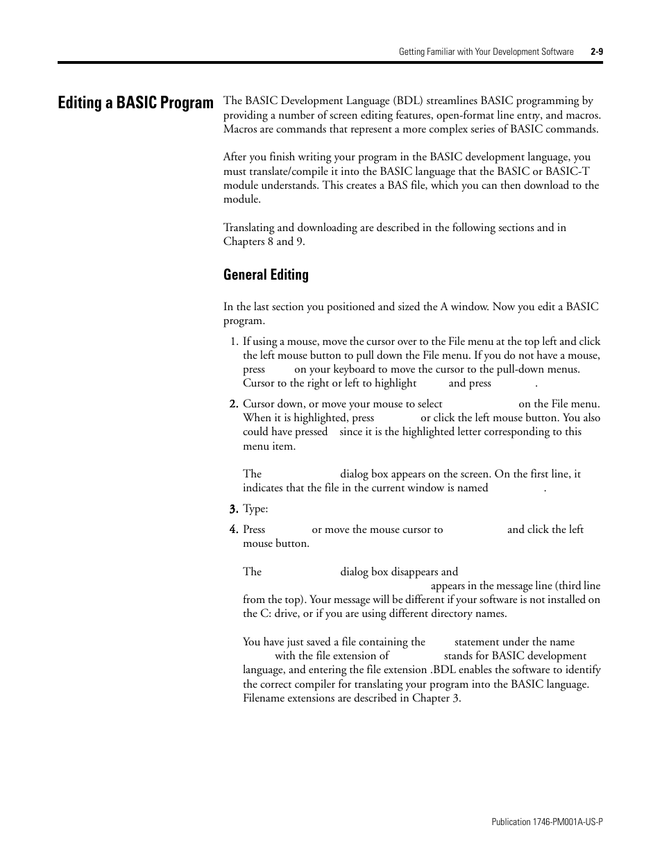 Editing a basic program, Editing a basic program -9, General editing -9 | General editing | Rockwell Automation 1747-PBASE BASIC Development Software Programming Manual User Manual | Page 29 / 144
