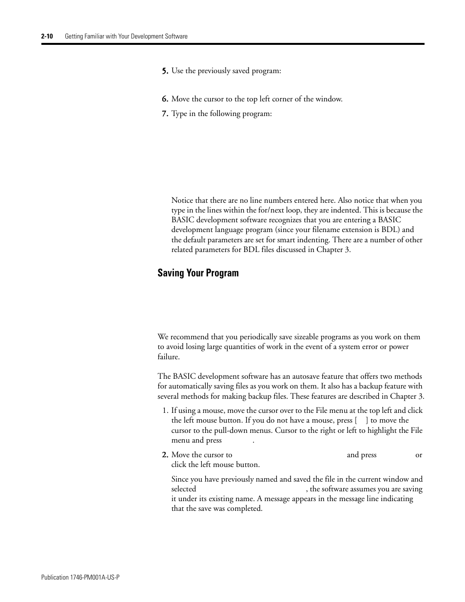 Saving your program -10, Saving your program | Rockwell Automation 1747-PBASE BASIC Development Software Programming Manual User Manual | Page 30 / 144
