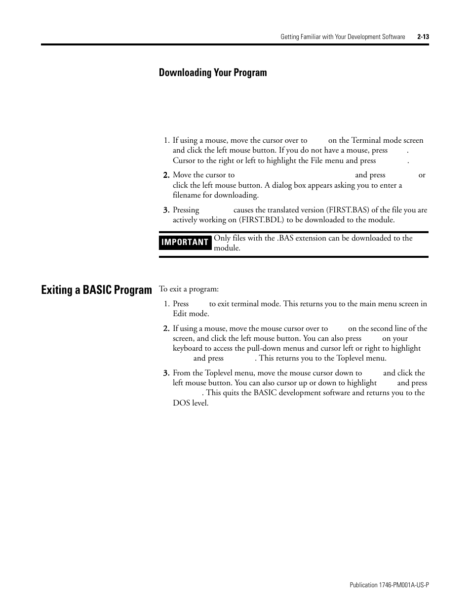 Exiting a basic program, Downloading your program -13, Exiting a basic program -13 | Swap method selection, Downloading your program | Rockwell Automation 1747-PBASE BASIC Development Software Programming Manual User Manual | Page 33 / 144