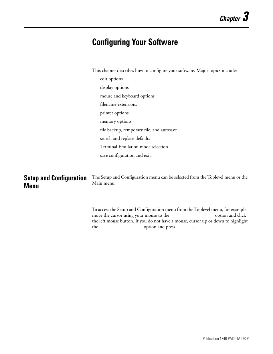 Configuring your software, Setup and configuration menu, Chapter 3 | Setup and configuration menu -1, Chapter | Rockwell Automation 1747-PBASE BASIC Development Software Programming Manual User Manual | Page 35 / 144