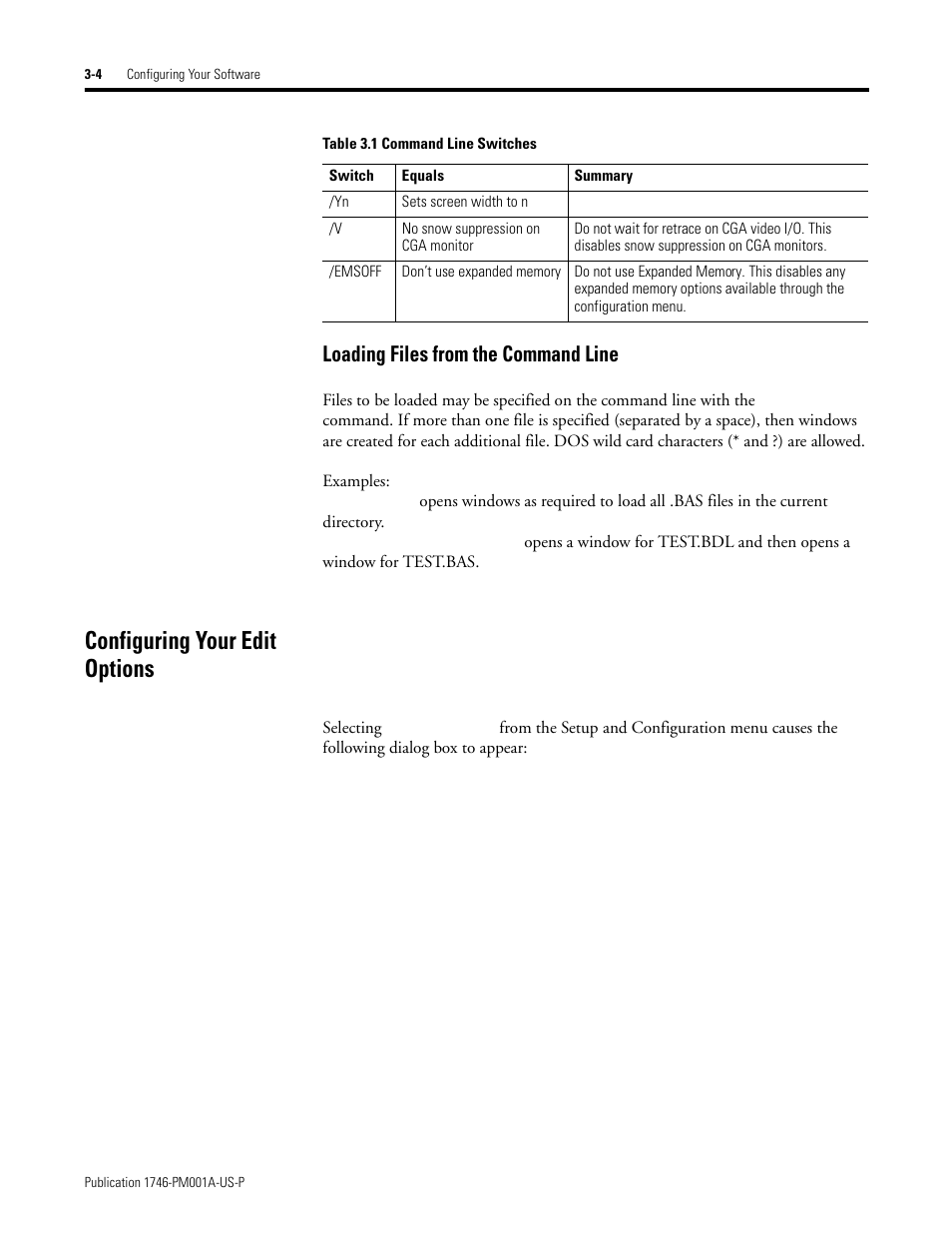 Configuring your edit options, Loading files from the command line -4, Configuring your edit options -4 | Loading files from the command line | Rockwell Automation 1747-PBASE BASIC Development Software Programming Manual User Manual | Page 38 / 144