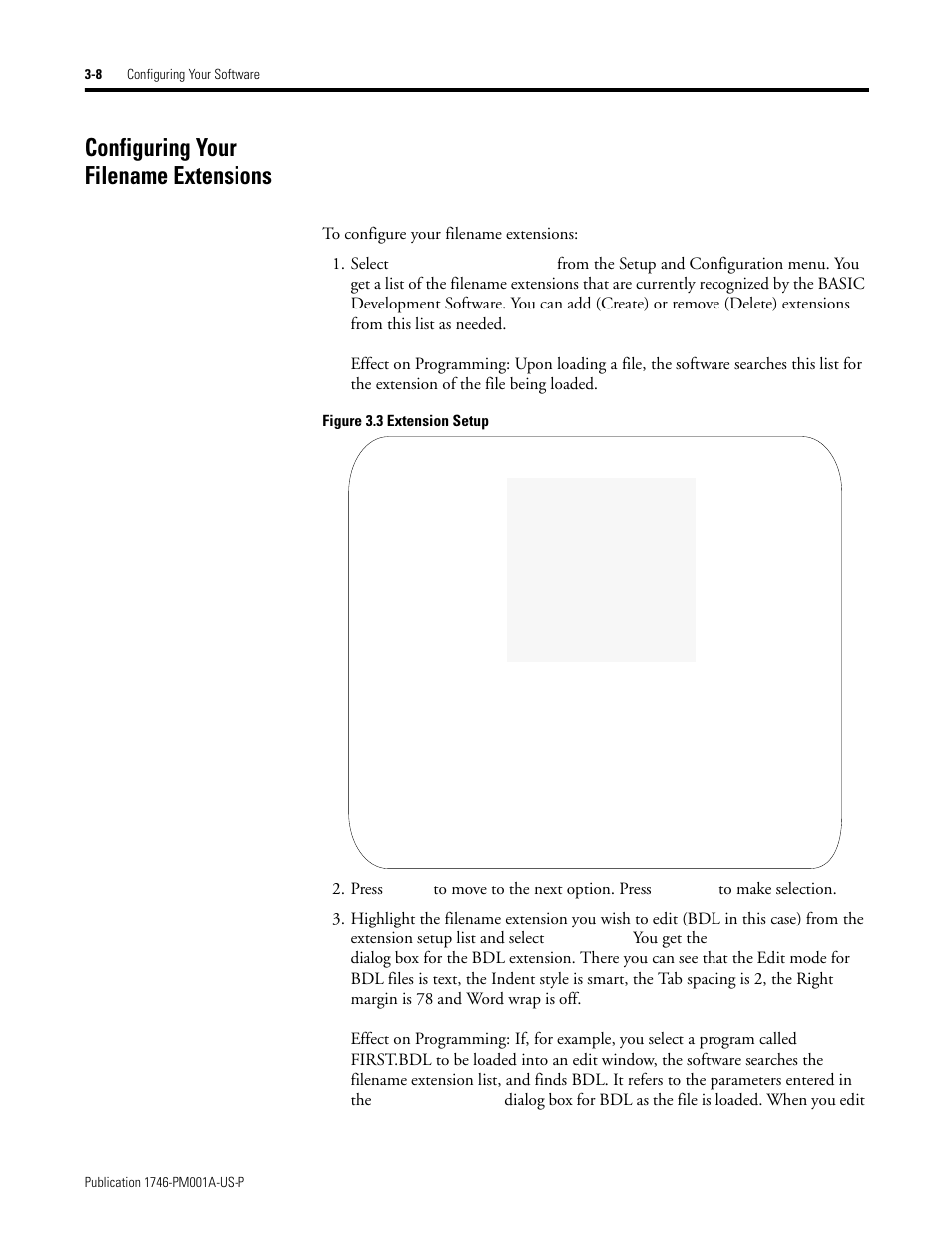 Configuring your filename extensions, Configuring your filename extensions -8, Press | You get the | Rockwell Automation 1747-PBASE BASIC Development Software Programming Manual User Manual | Page 42 / 144