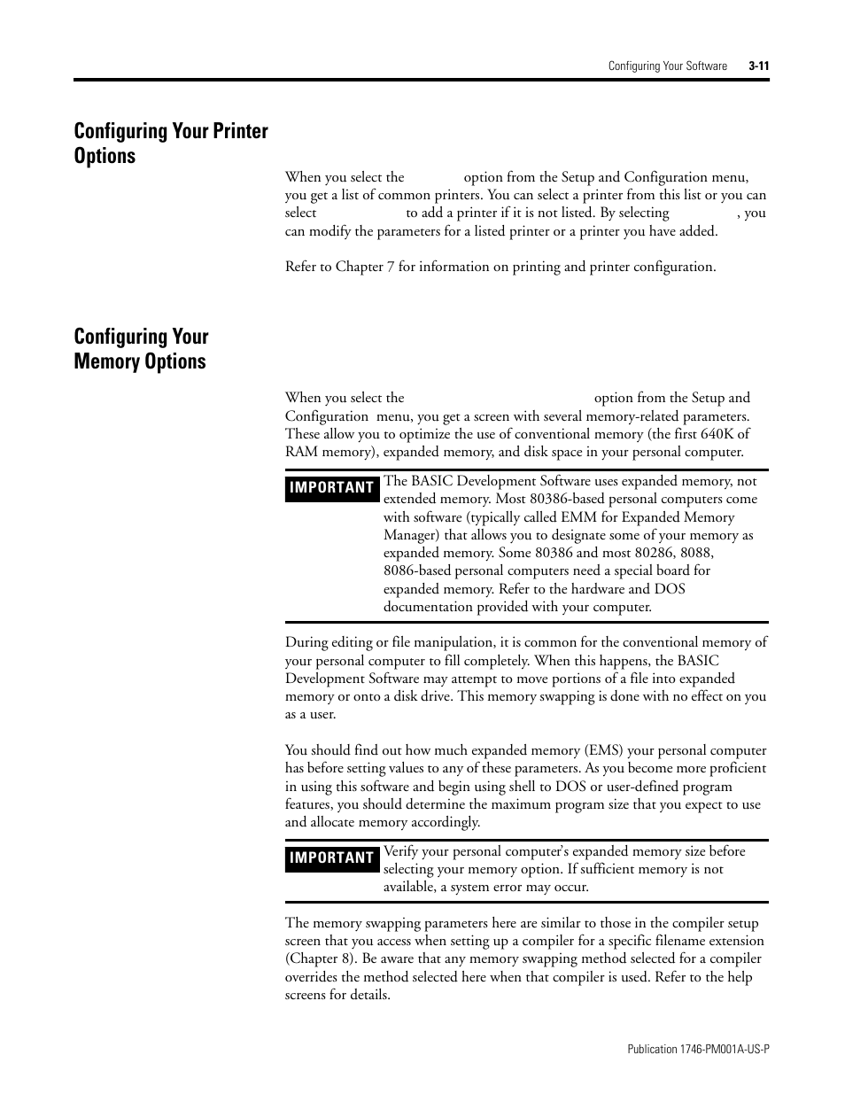 Configuring your printer options, Configuring your memory options | Rockwell Automation 1747-PBASE BASIC Development Software Programming Manual User Manual | Page 45 / 144