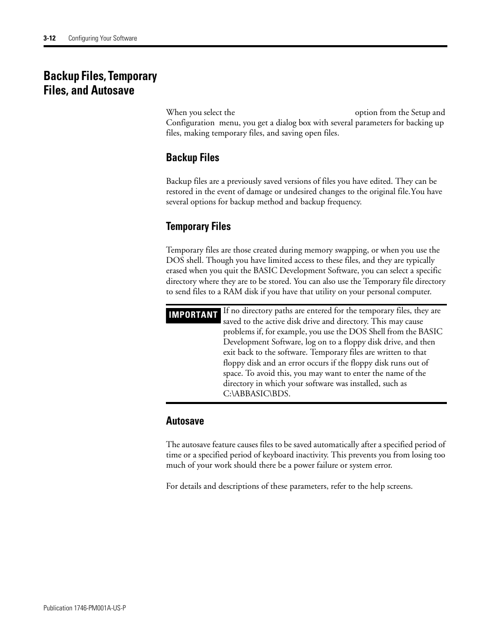 Backup files, temporary files, and autosave, Backup files, temporary files, and autosave -12, Backup files -12 temporary files -12 autosave -12 | Backup files, Temporary files, Autosave | Rockwell Automation 1747-PBASE BASIC Development Software Programming Manual User Manual | Page 46 / 144