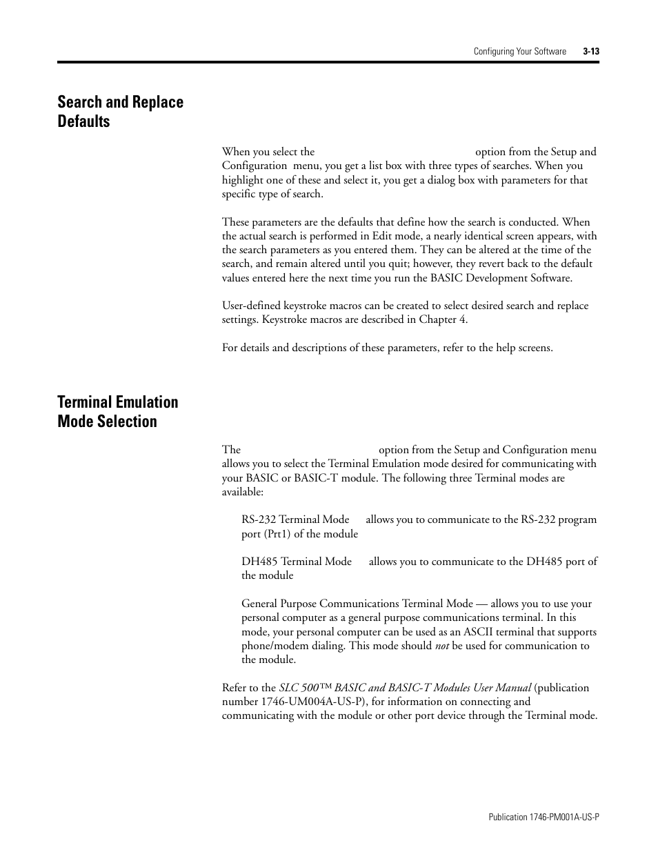 Search and replace defaults, Terminal emulation mode selection | Rockwell Automation 1747-PBASE BASIC Development Software Programming Manual User Manual | Page 47 / 144