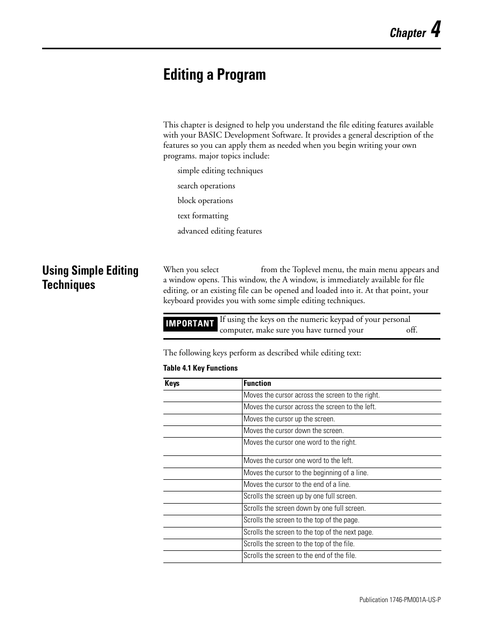 Editing a program, Using simple editing techniques, Chapter 4 | Using simple editing techniques -1, Chapter | Rockwell Automation 1747-PBASE BASIC Development Software Programming Manual User Manual | Page 49 / 144