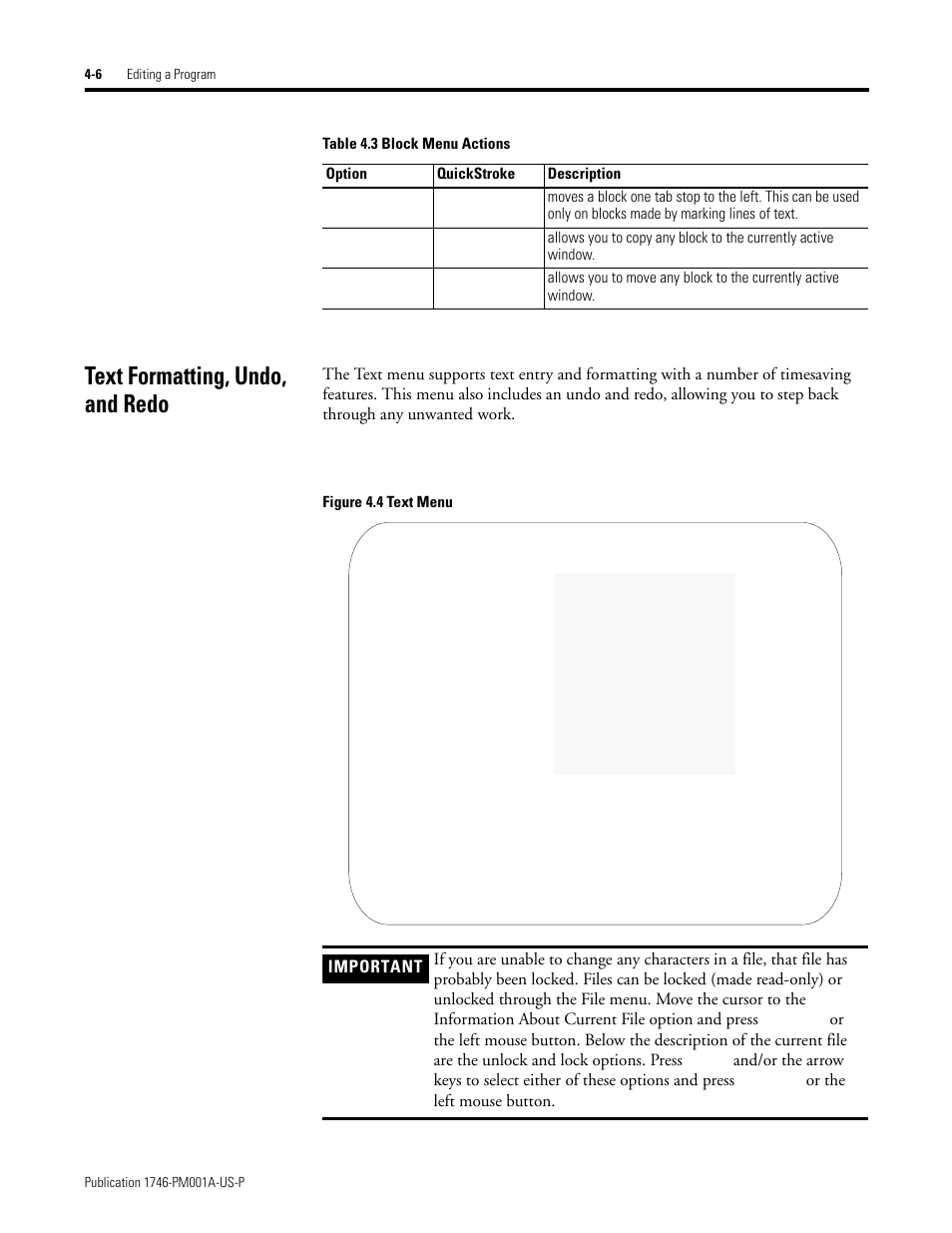 Text formatting, undo, and redo, Text formatting, undo, and redo -6, Or the left mouse button | Rockwell Automation 1747-PBASE BASIC Development Software Programming Manual User Manual | Page 54 / 144