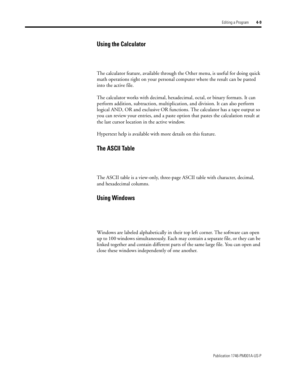 Using the calculator, The ascii table, Using windows | Rockwell Automation 1747-PBASE BASIC Development Software Programming Manual User Manual | Page 57 / 144