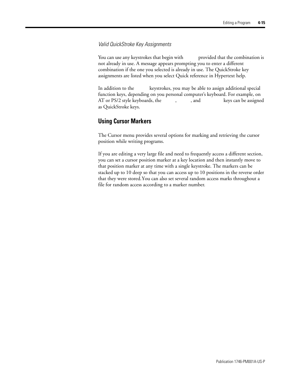 Using cursor markers -15, Using cursor markers, Valid quickstroke key assignments | Rockwell Automation 1747-PBASE BASIC Development Software Programming Manual User Manual | Page 63 / 144