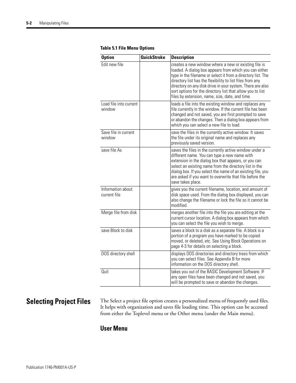 Selecting project files, User menu | Rockwell Automation 1747-PBASE BASIC Development Software Programming Manual User Manual | Page 66 / 144
