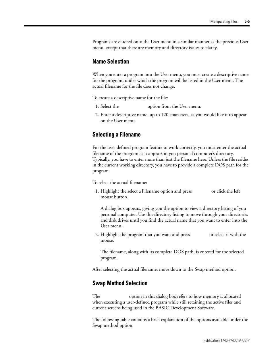 Name selection selecting a filename, Name selection, Selecting a filename | Swap method selection | Rockwell Automation 1747-PBASE BASIC Development Software Programming Manual User Manual | Page 69 / 144