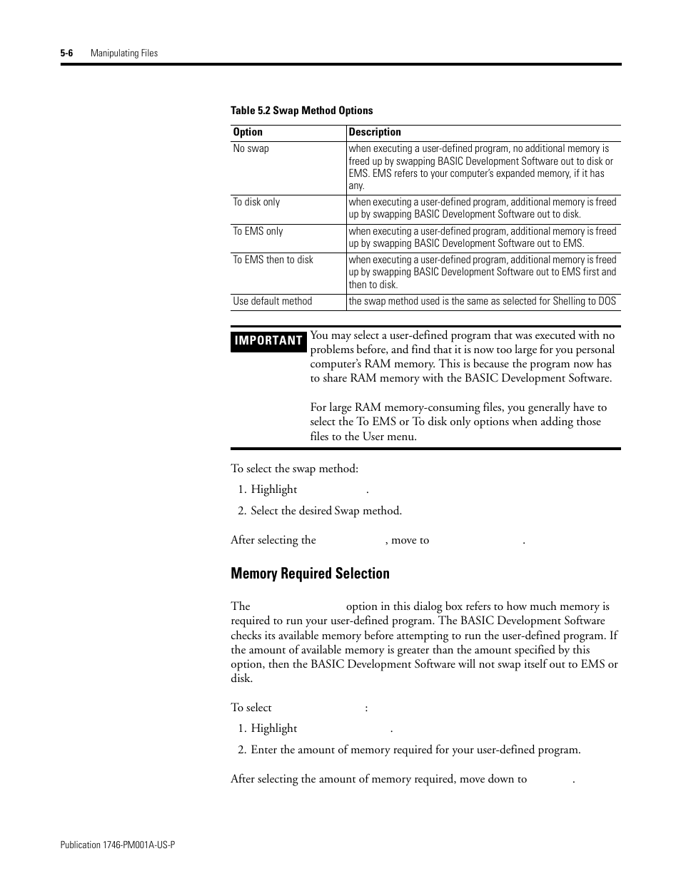 Memory required selection | Rockwell Automation 1747-PBASE BASIC Development Software Programming Manual User Manual | Page 70 / 144