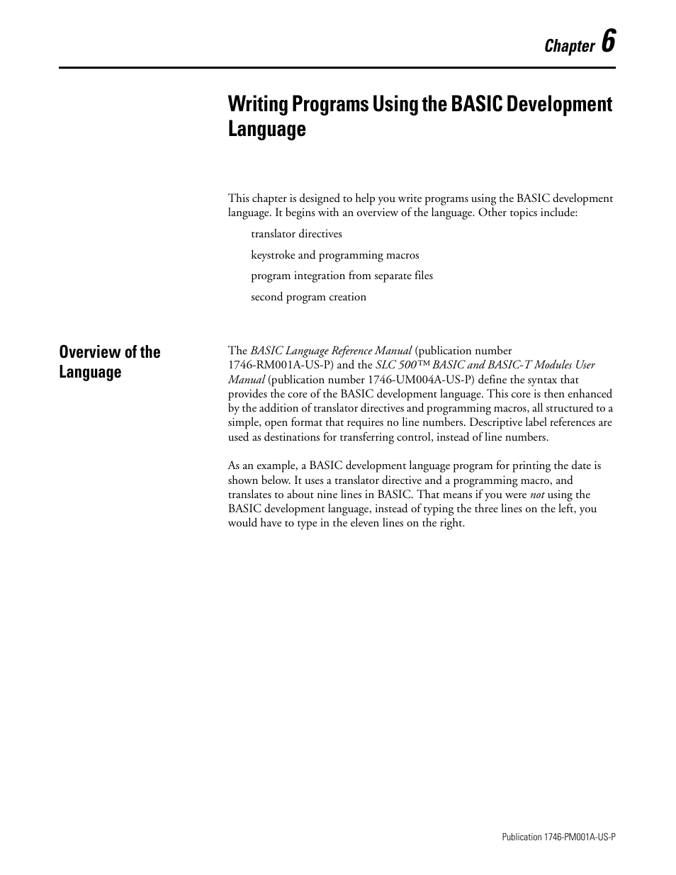 Overview of the language, Chapter 6, Overview of the language -1 | Chapter | Rockwell Automation 1747-PBASE BASIC Development Software Programming Manual User Manual | Page 73 / 144